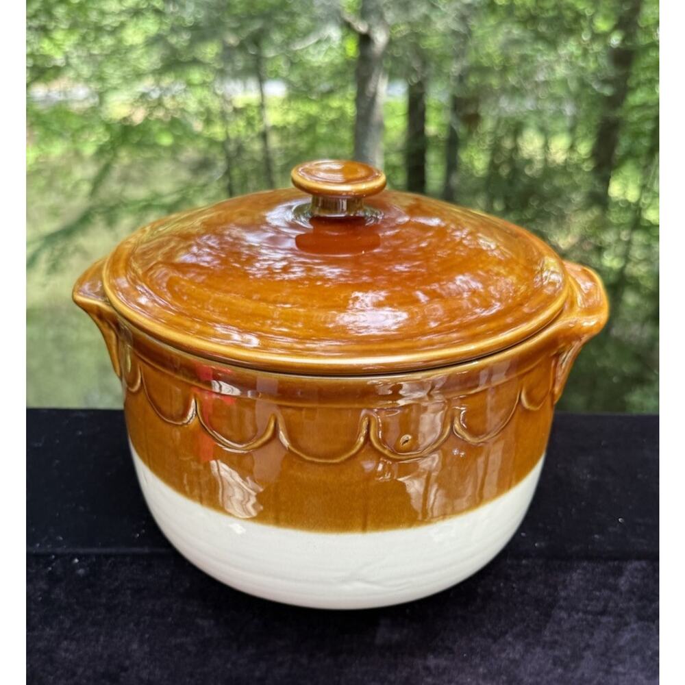 Mint Vtg Emile Henry Dutch Oven Crock Lid Brown Scalloped Pot Stoneware Kitchen